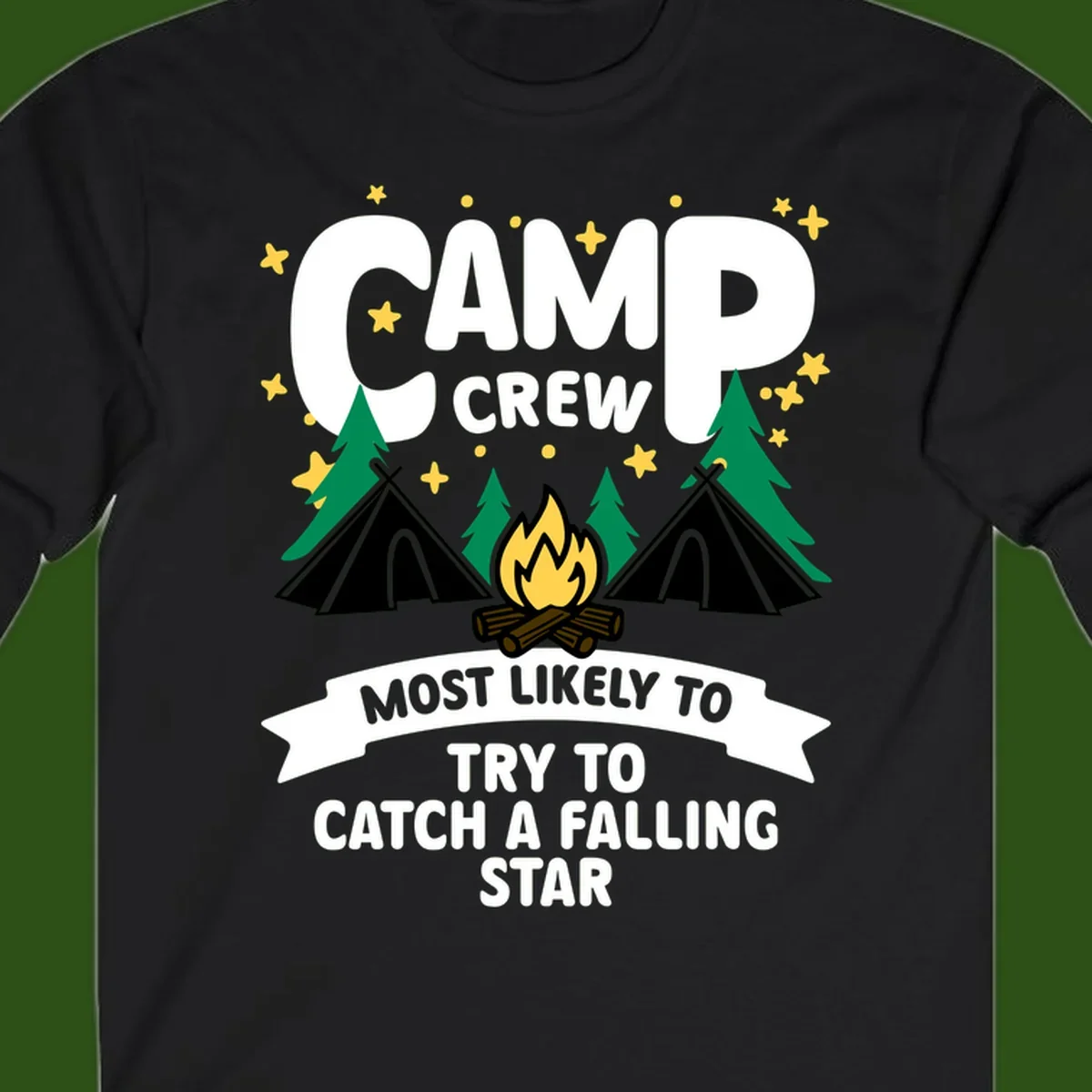 Camp crew falling star design with campfire, tents, trees, and stars on gray background