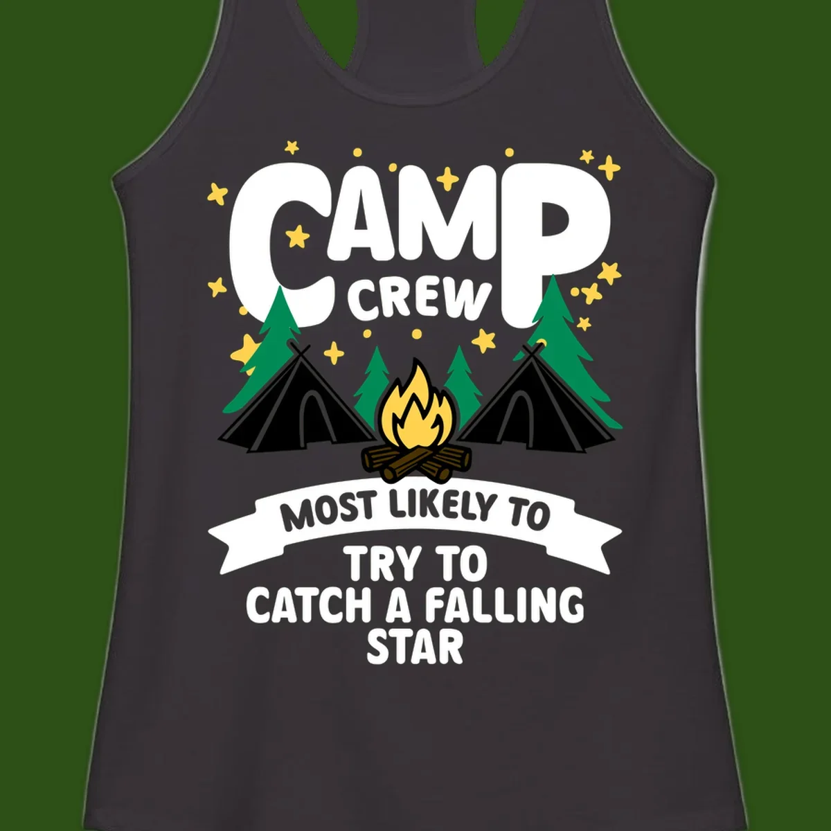 Camp crew falling star design with campfire, tents, trees, and stars on gray background