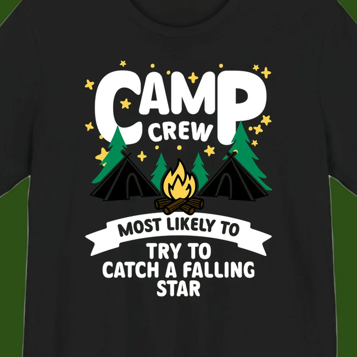 Camp crew falling star design with campfire, tents, trees, and stars on gray background