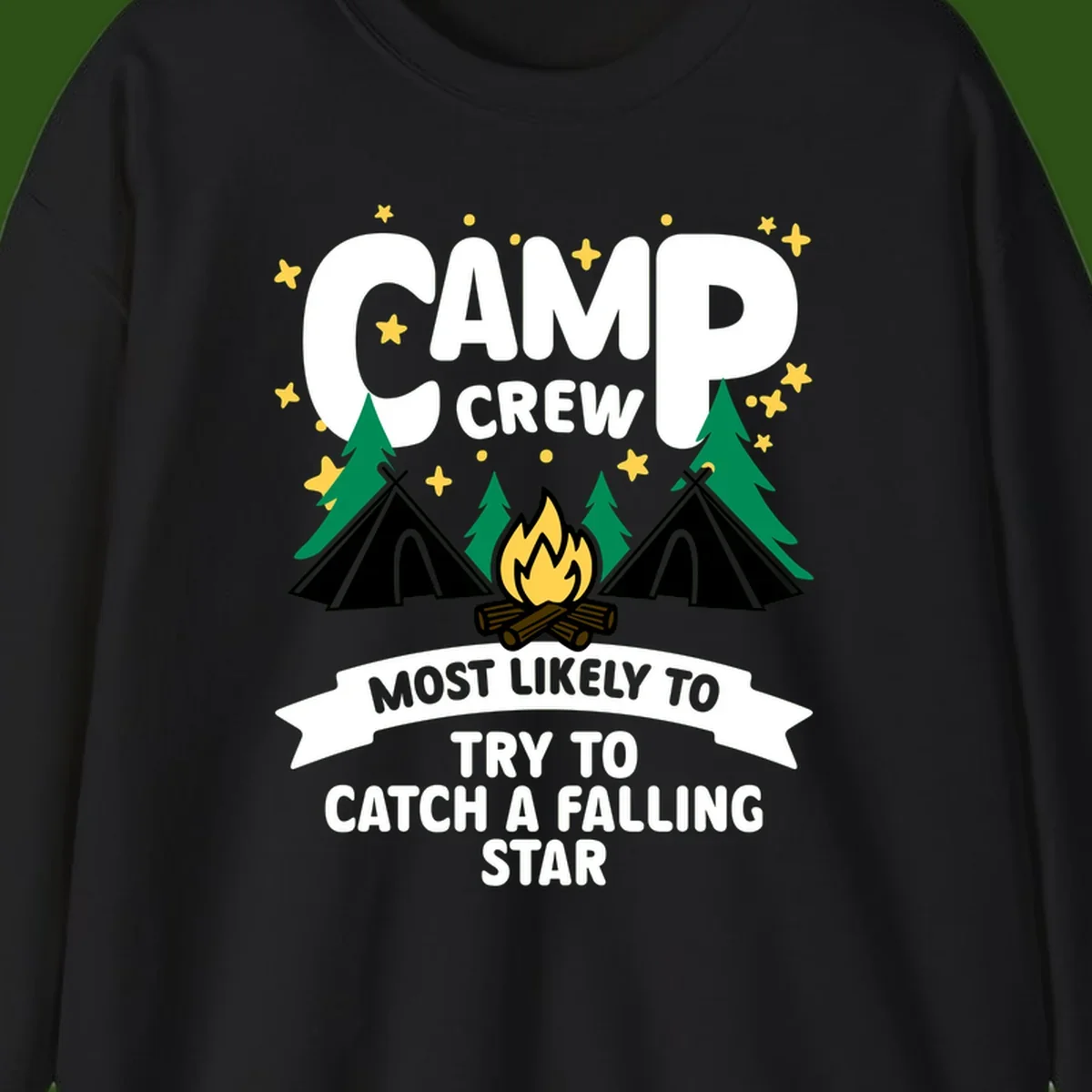 Camp crew falling star design with campfire, tents, trees, and stars on gray background