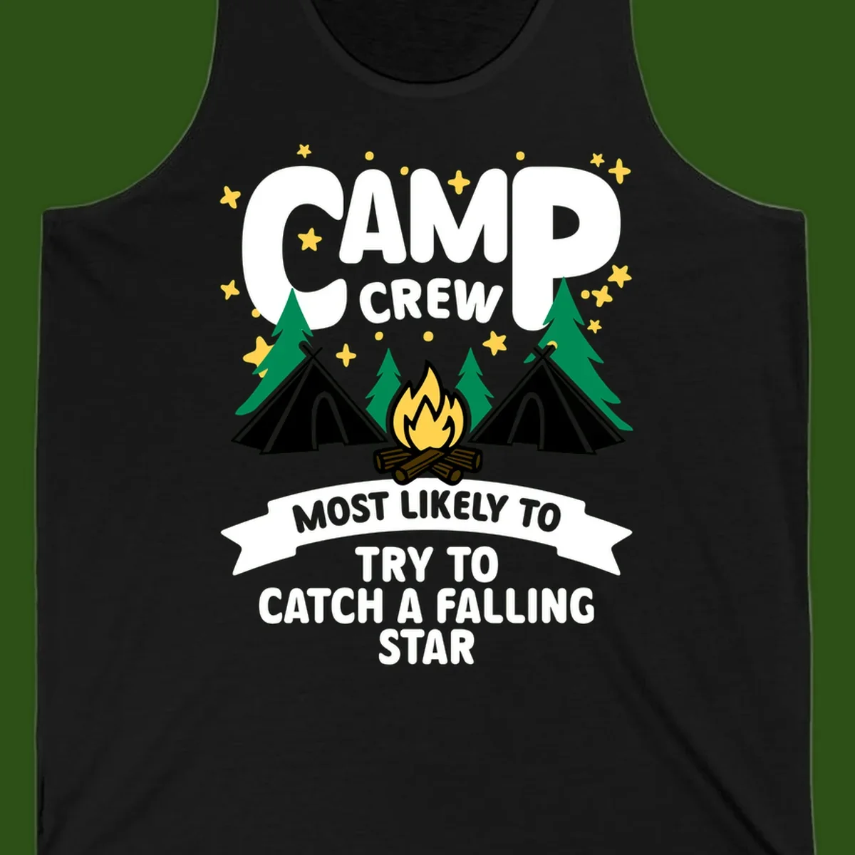 Camp crew falling star design with campfire, tents, trees, and stars on gray background