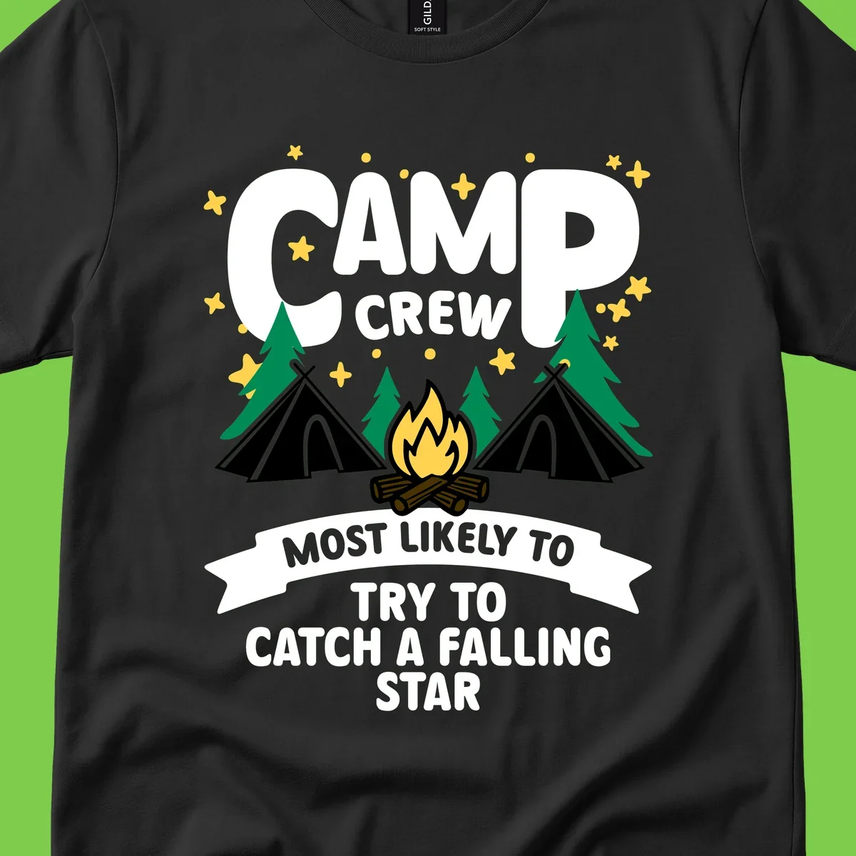 Camp crew falling star design with campfire, tents, trees, and stars on gray background