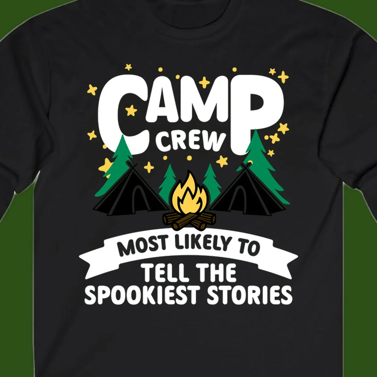 Camp crew spooky stories design: campfire with teepees, trees, and stars with text about telling the spookiest stories