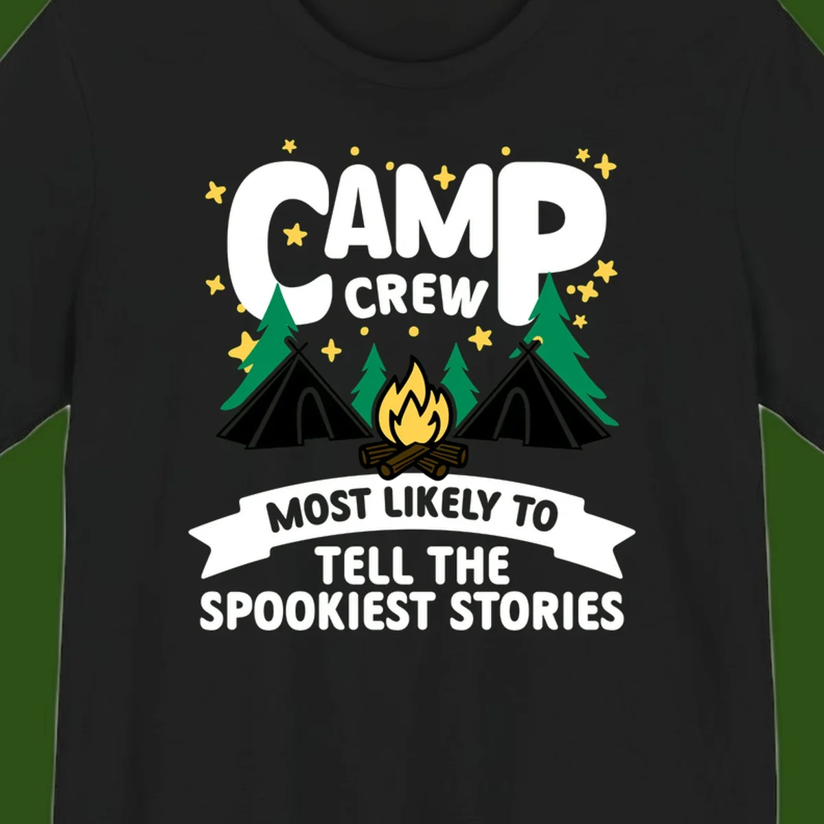 Camp crew spooky stories design: campfire with teepees, trees, and stars with text about telling the spookiest stories