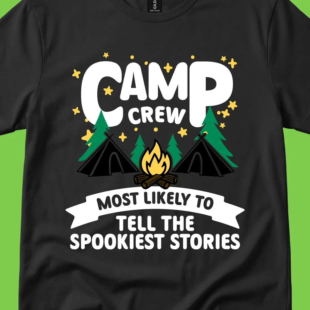 Camp crew spooky stories design: campfire with teepees, trees, and stars with text about telling the spookiest stories