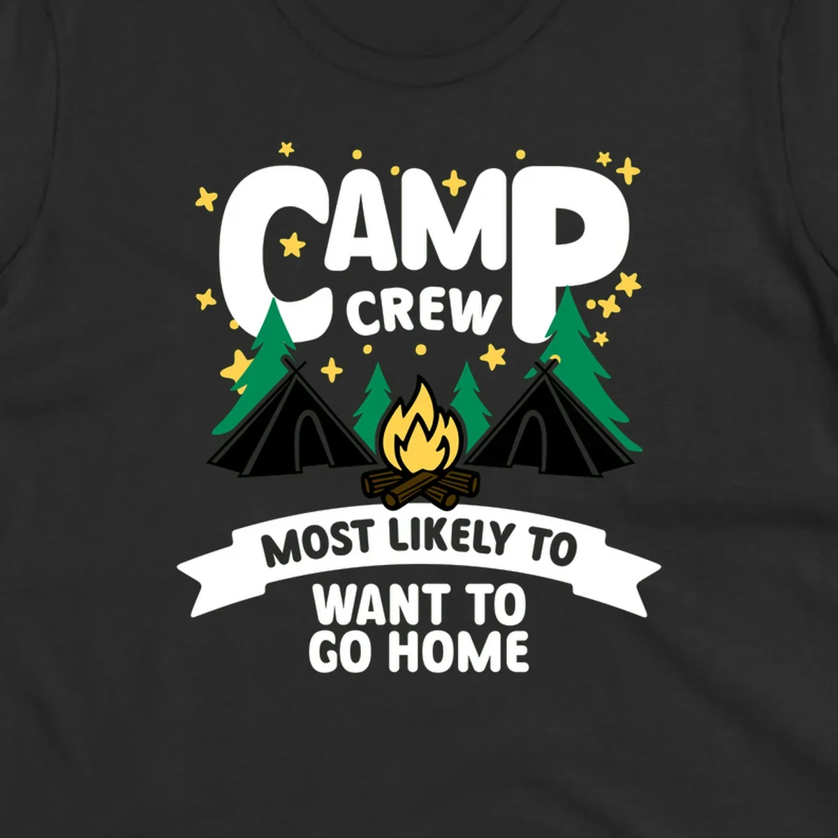 Camp crew most likely to want home design with campfire, teepees, trees and stars on gray background