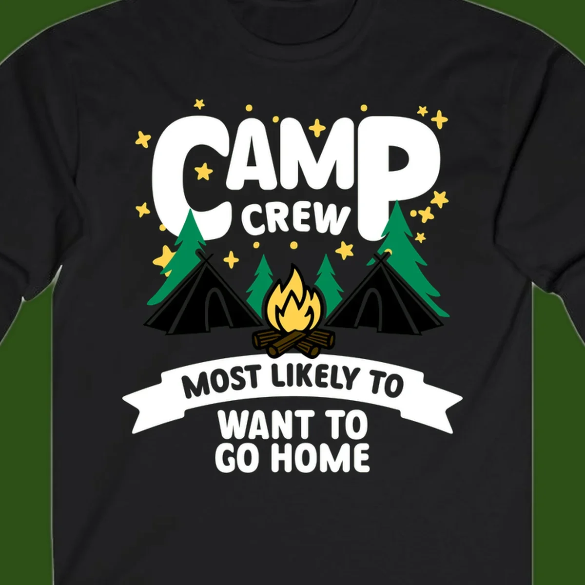 Camp crew most likely to want home design with campfire, teepees, trees and stars on gray background