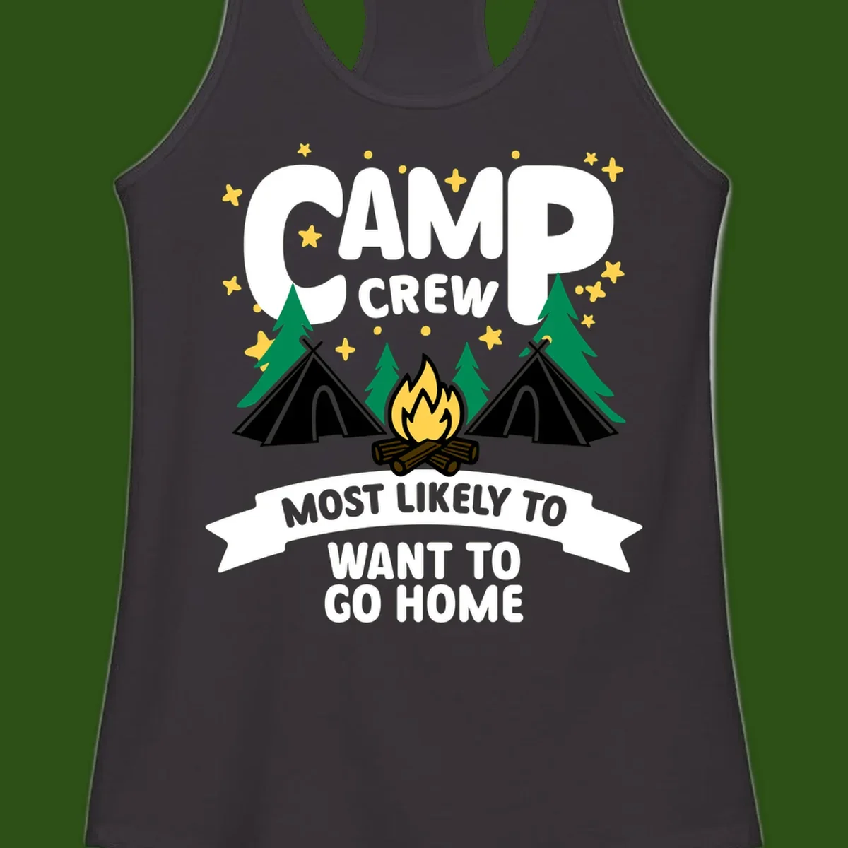 Camp crew most likely to want home design with campfire, teepees, trees and stars on gray background