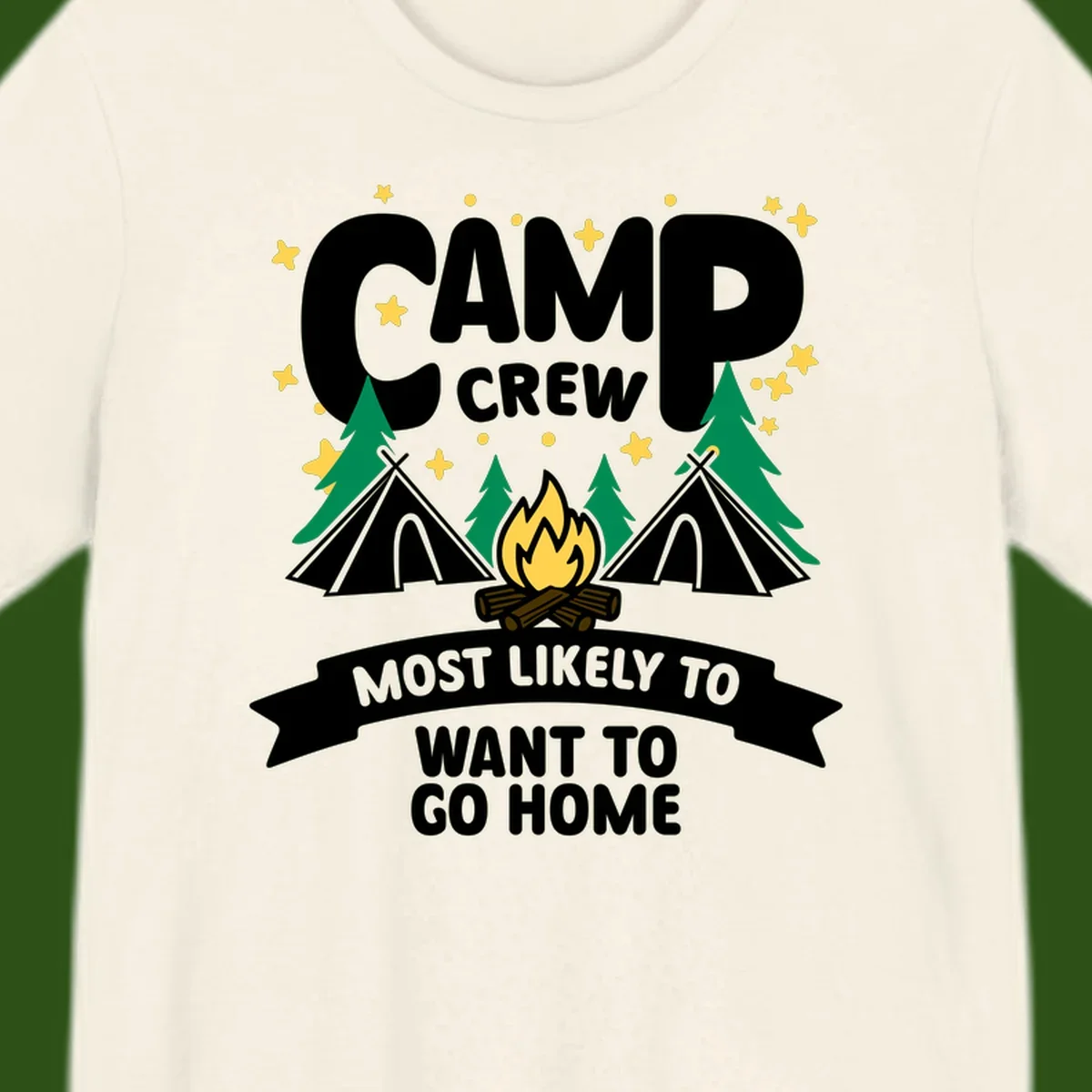 Camp crew most likely to want home design with campfire, teepees, trees and stars on gray background