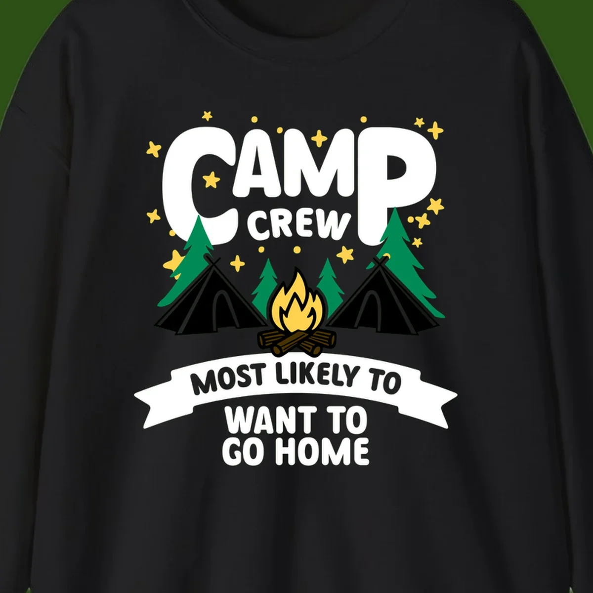 Camp crew most likely to want home design with campfire, teepees, trees and stars on gray background