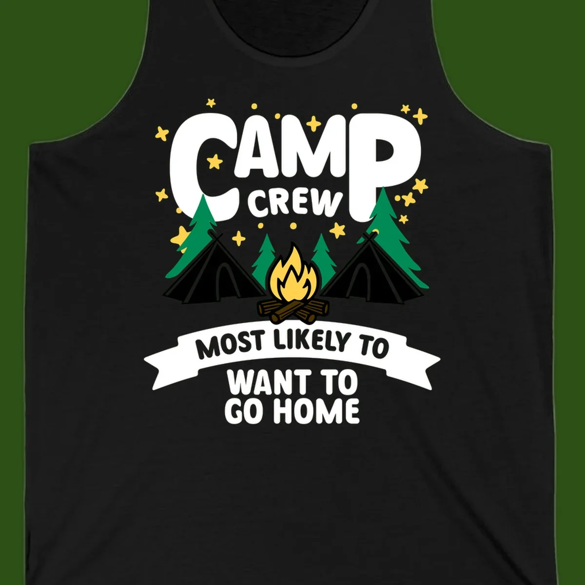Camp crew most likely to want home design with campfire, teepees, trees and stars on gray background