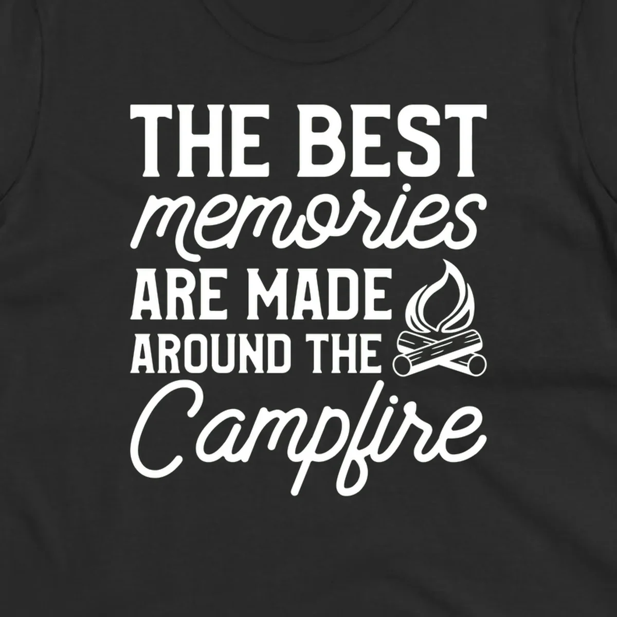 White text reading 'The Best Memories Are Made Around The Campfire' with a campfire illustration on gray background