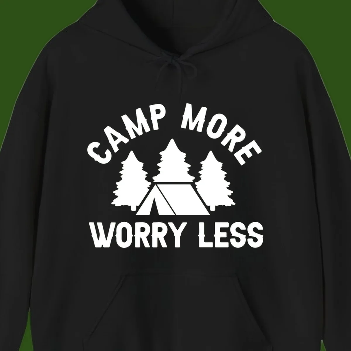 Camp more worry less design with tent and evergreen trees illustration on gray background