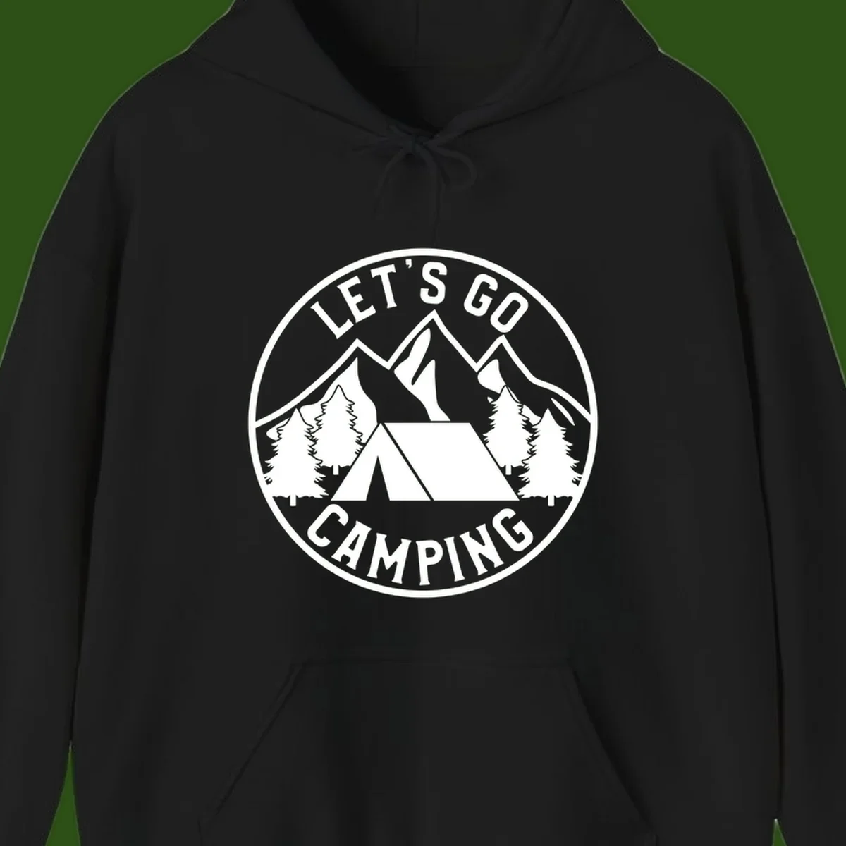 Circular let's go camping badge with tent, trees, and mountains in white and gray