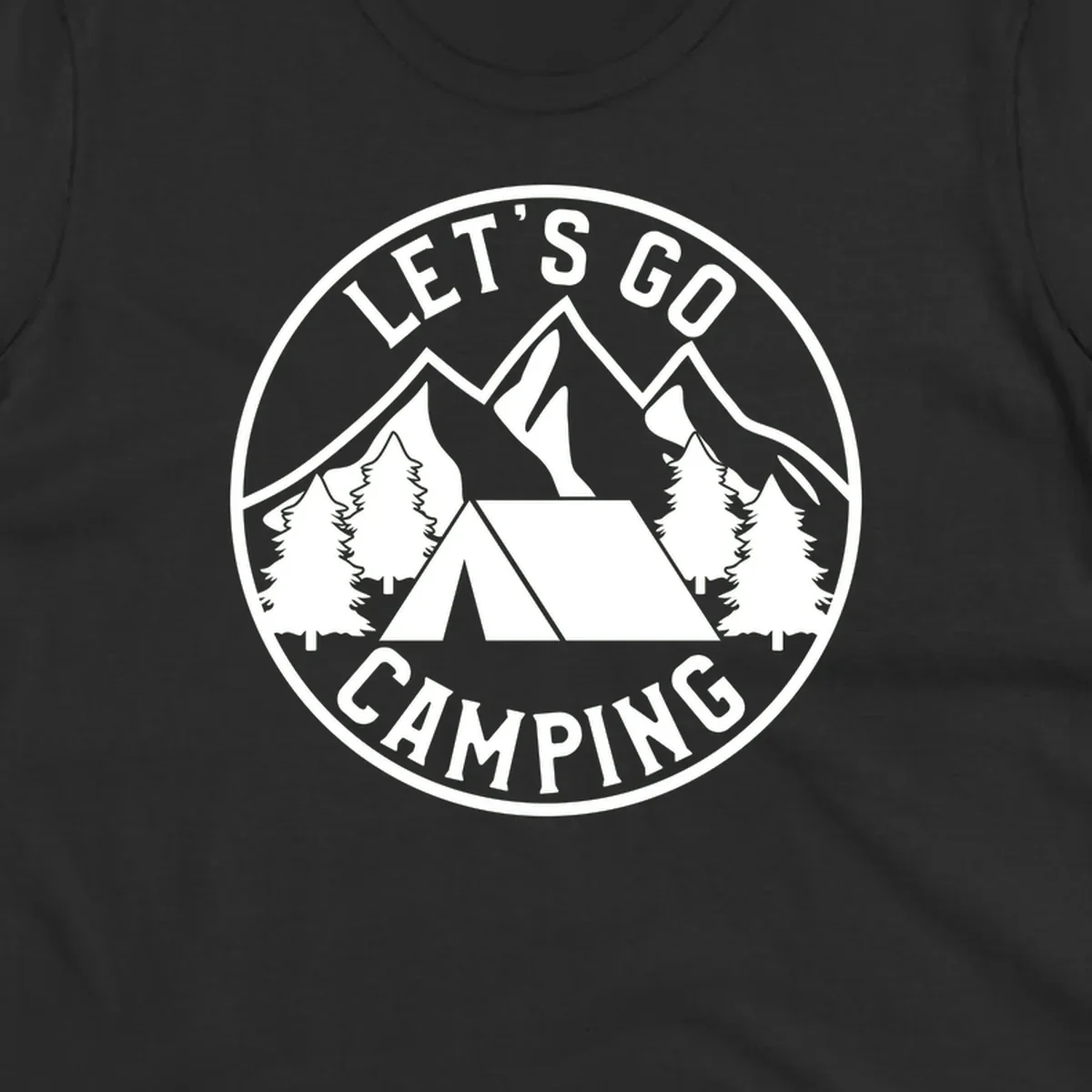 Circular let's go camping badge with tent, trees, and mountains in white and gray