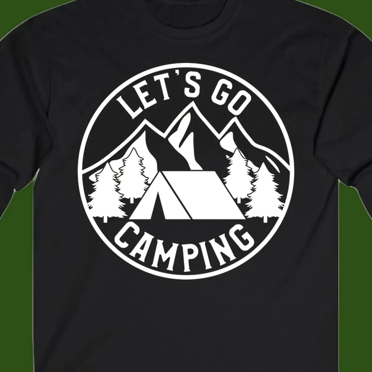 Circular let's go camping badge with tent, trees, and mountains in white and gray