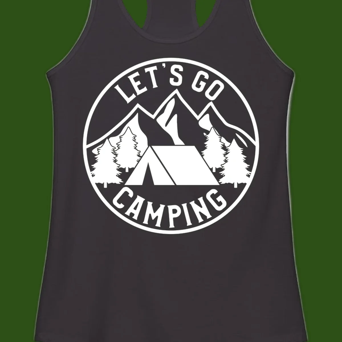 Circular let's go camping badge with tent, trees, and mountains in white and gray