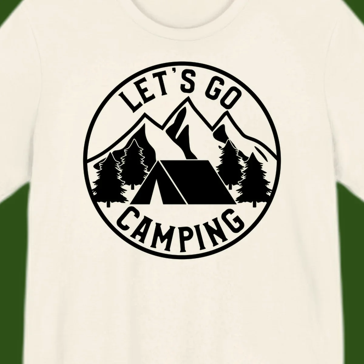 Circular let's go camping badge with tent, trees, and mountains in white and gray