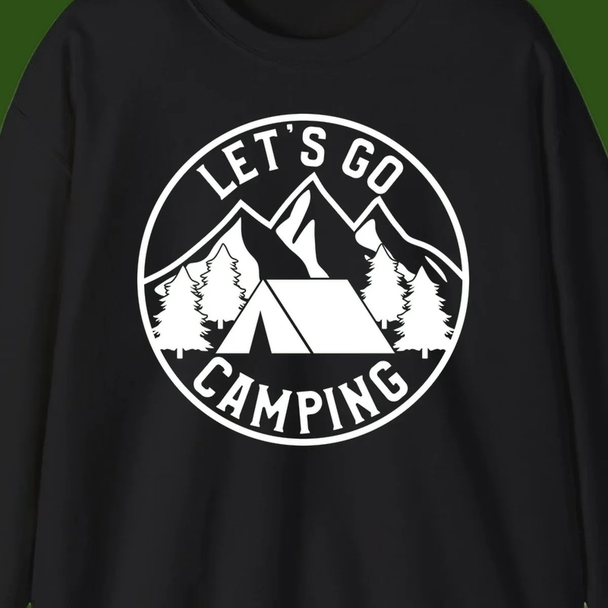 Circular let's go camping badge with tent, trees, and mountains in white and gray