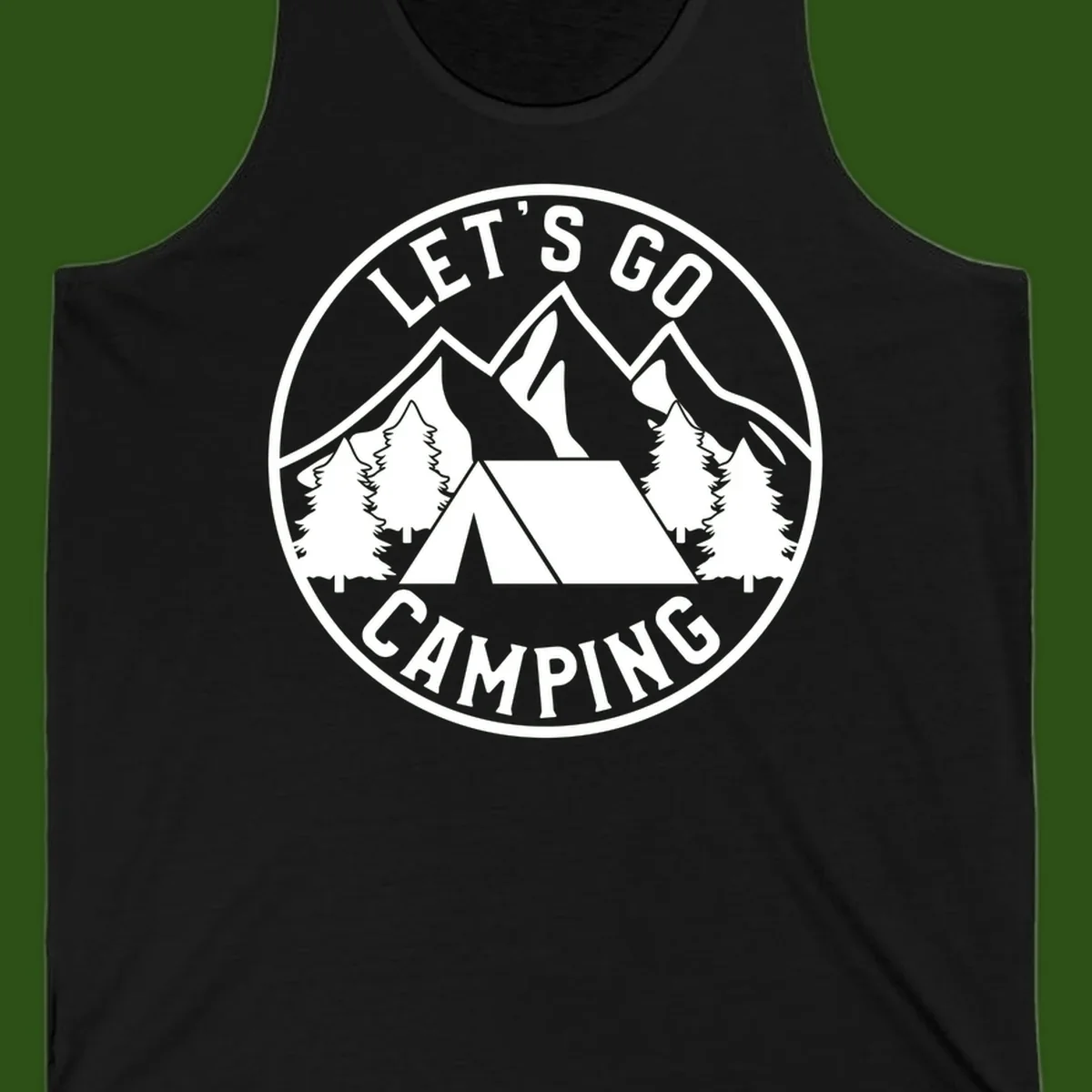 Circular let's go camping badge with tent, trees, and mountains in white and gray
