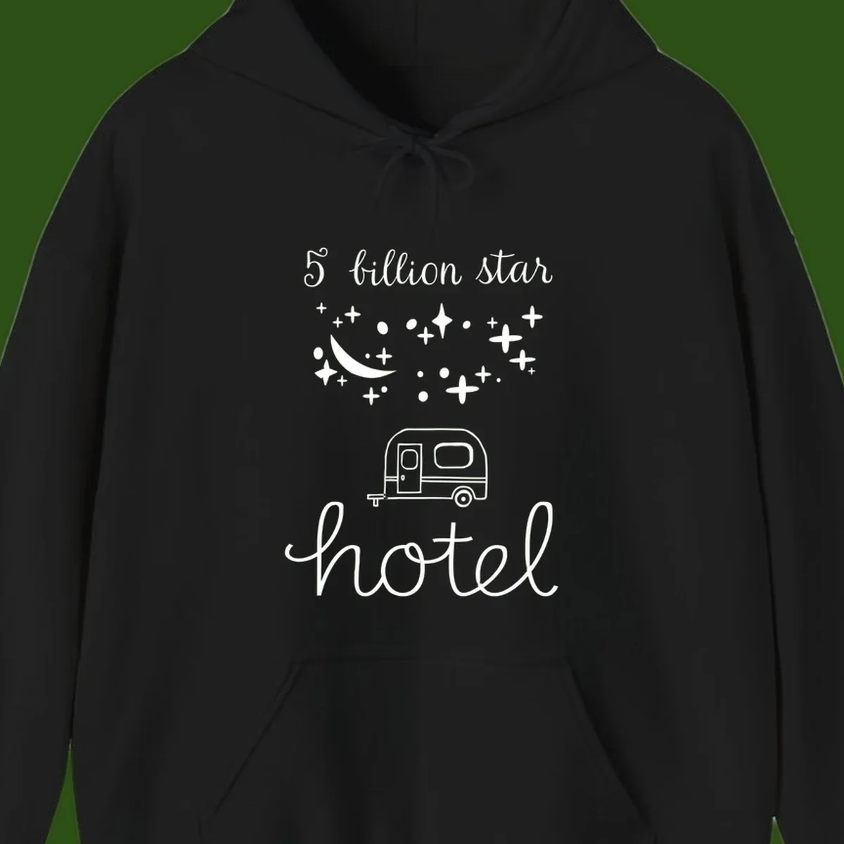 Five billion star hauled design: crescent moon and stars above a travel trailer with nighttime camping text