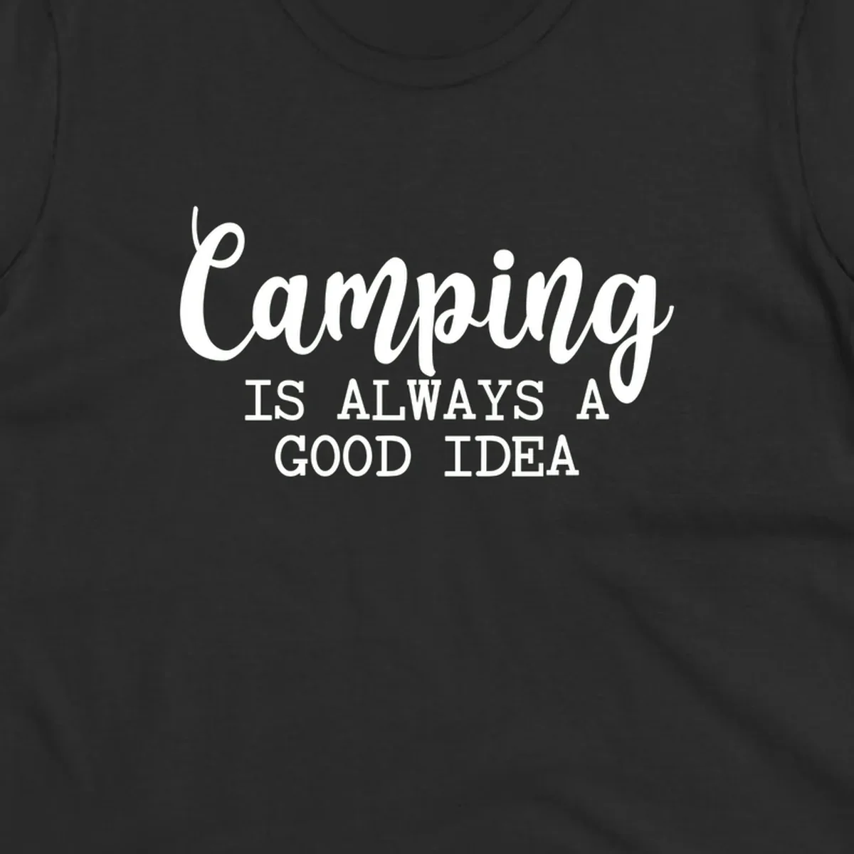 White script and sans-serif text reading 'Camping IS ALWAYS A GOOD IDEA' on gray background