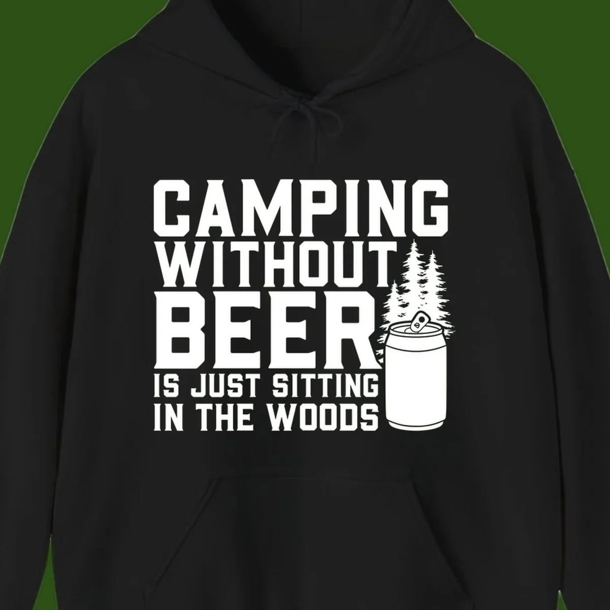 Camping without beer design with bold text, beer mug, and pine trees on gray background