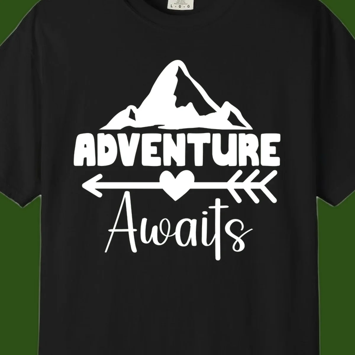 Adventure awaits mountain design with snow peaks, heart, and directional arrows on white background