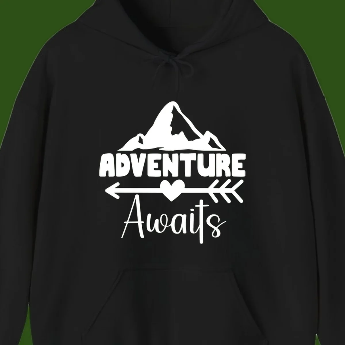 Adventure awaits mountain design with snow peaks, heart, and directional arrows on white background