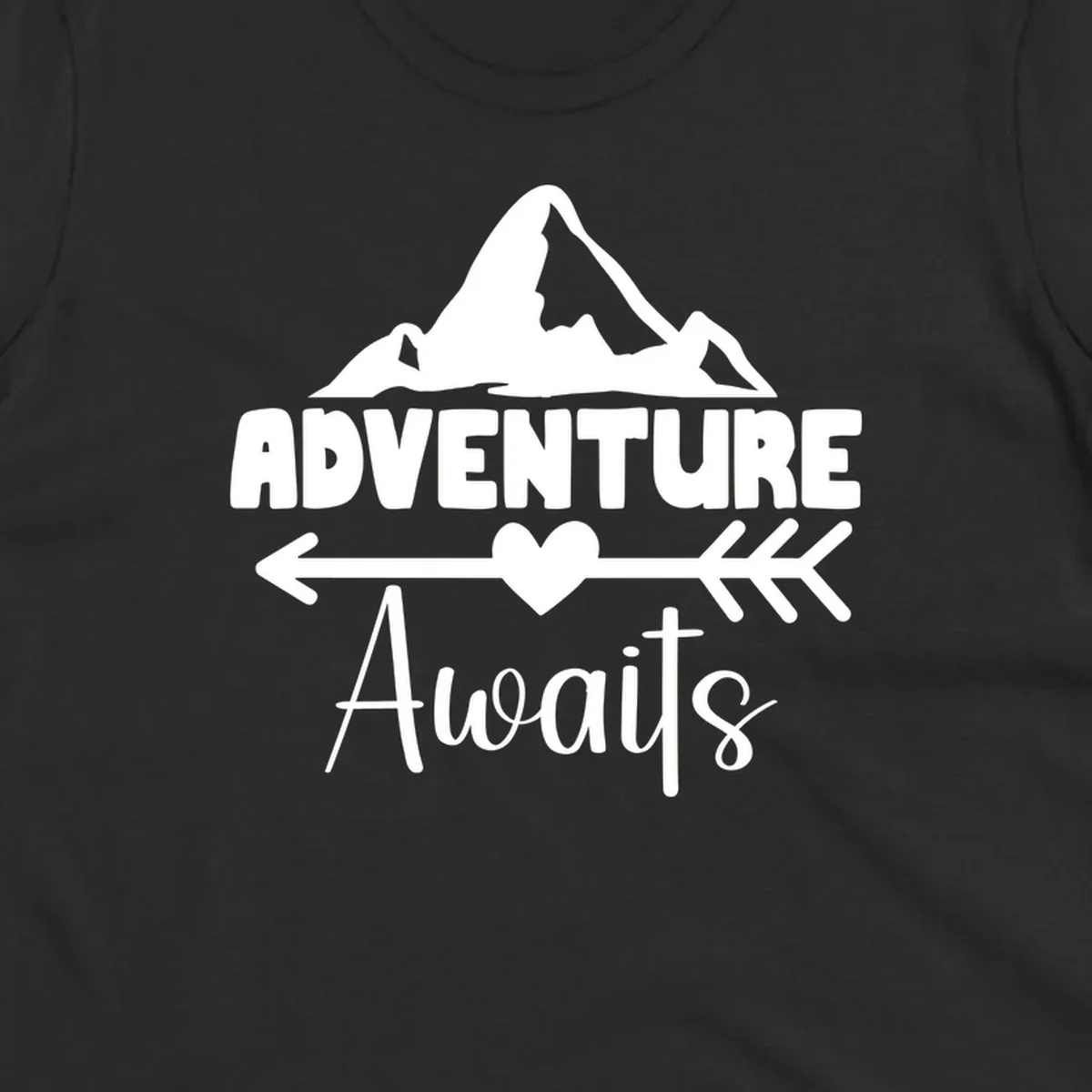Adventure awaits mountain design with snow peaks, heart, and directional arrows on white background