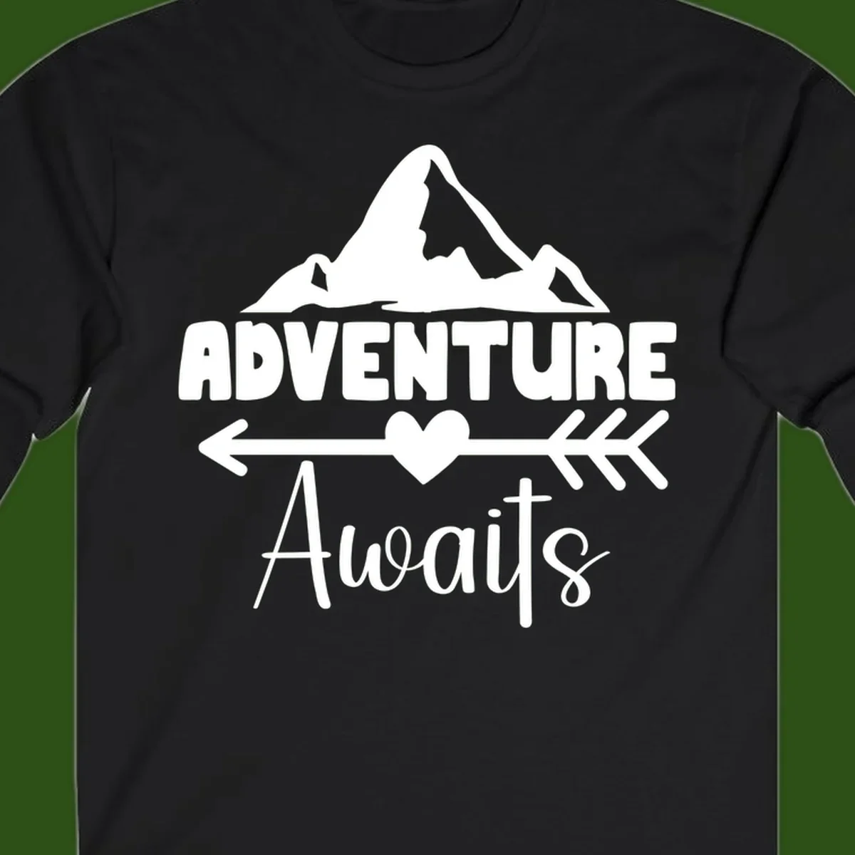 Adventure awaits mountain design with snow peaks, heart, and directional arrows on white background