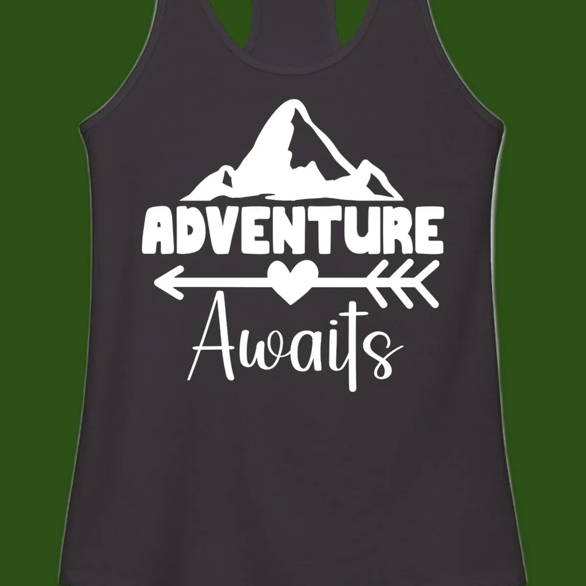 Adventure awaits mountain design with snow peaks, heart, and directional arrows on white background
