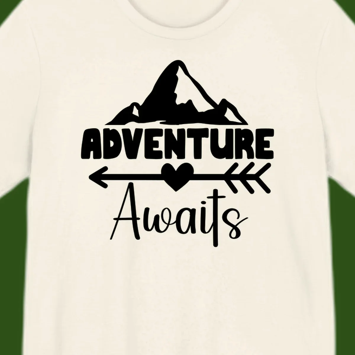 Adventure awaits mountain design with snow peaks, heart, and directional arrows on white background