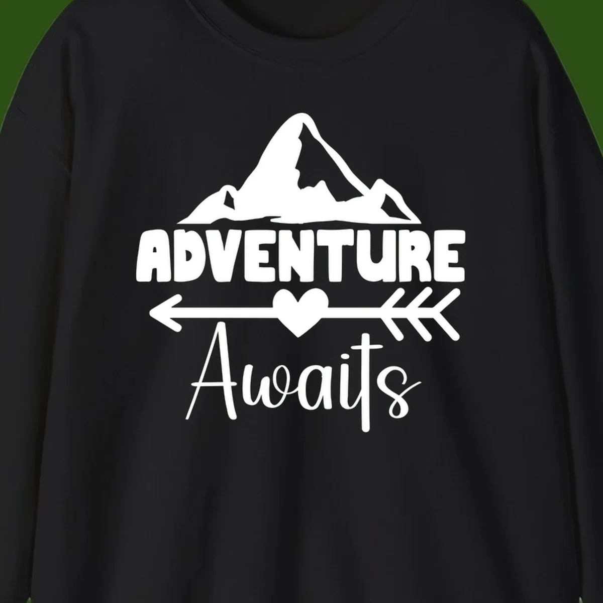 Adventure awaits mountain design with snow peaks, heart, and directional arrows on white background