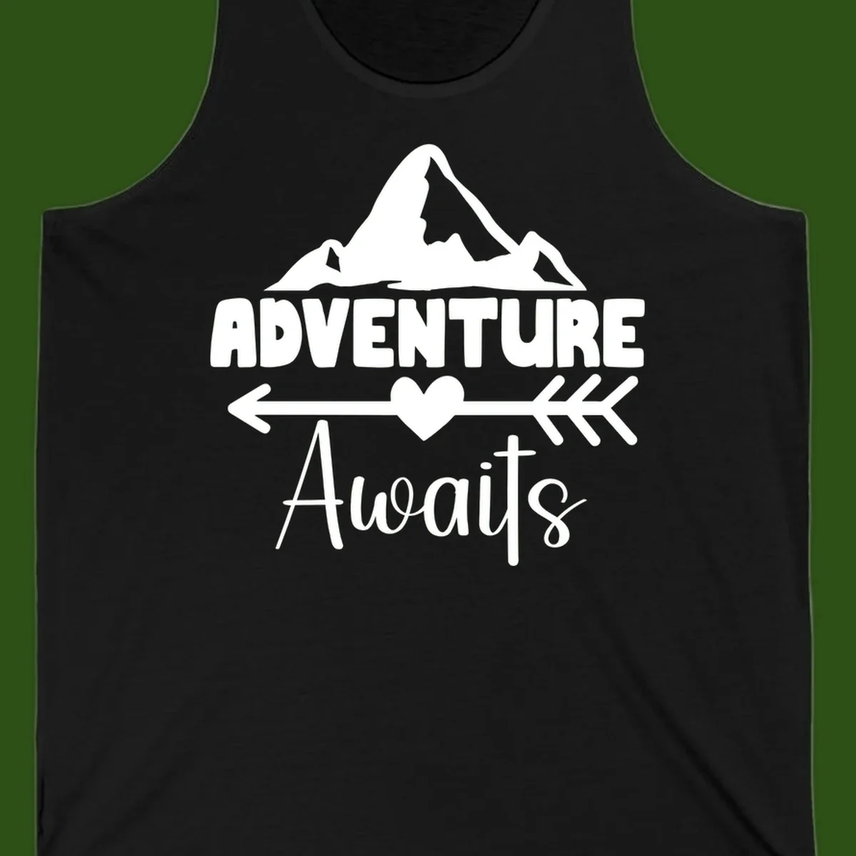 Adventure awaits mountain design with snow peaks, heart, and directional arrows on white background