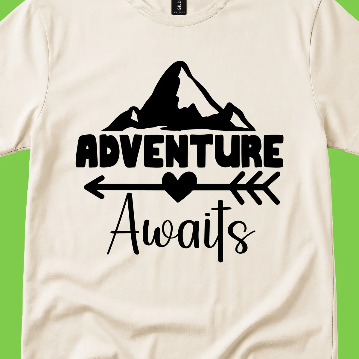 Adventure awaits mountain design with snow peaks, heart, and directional arrows on white background