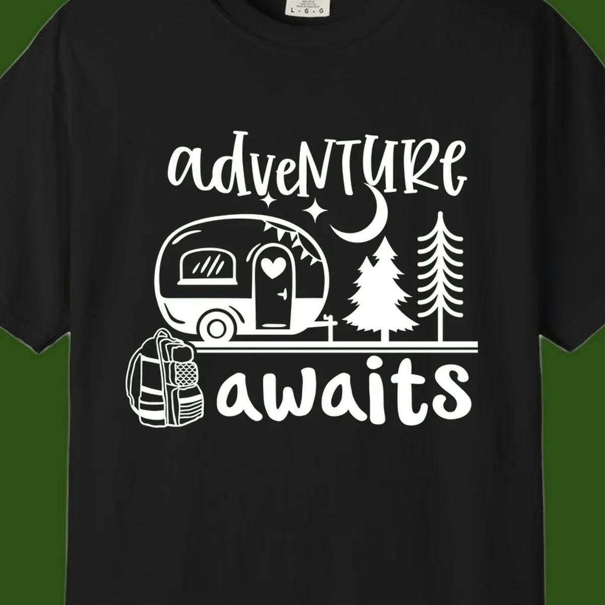 Retro camper trailer with heart-shaped door under moonlight and stars, surrounded by evergreen trees, with 'adventure awaits' text.