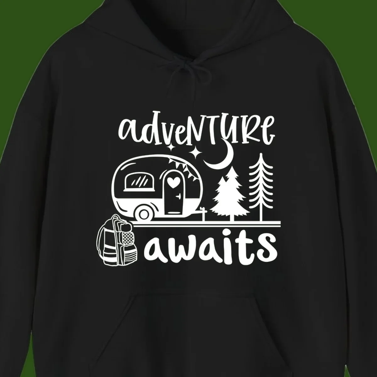 Retro camper trailer with heart-shaped door under moonlight and stars, surrounded by evergreen trees, with 'adventure awaits' text.