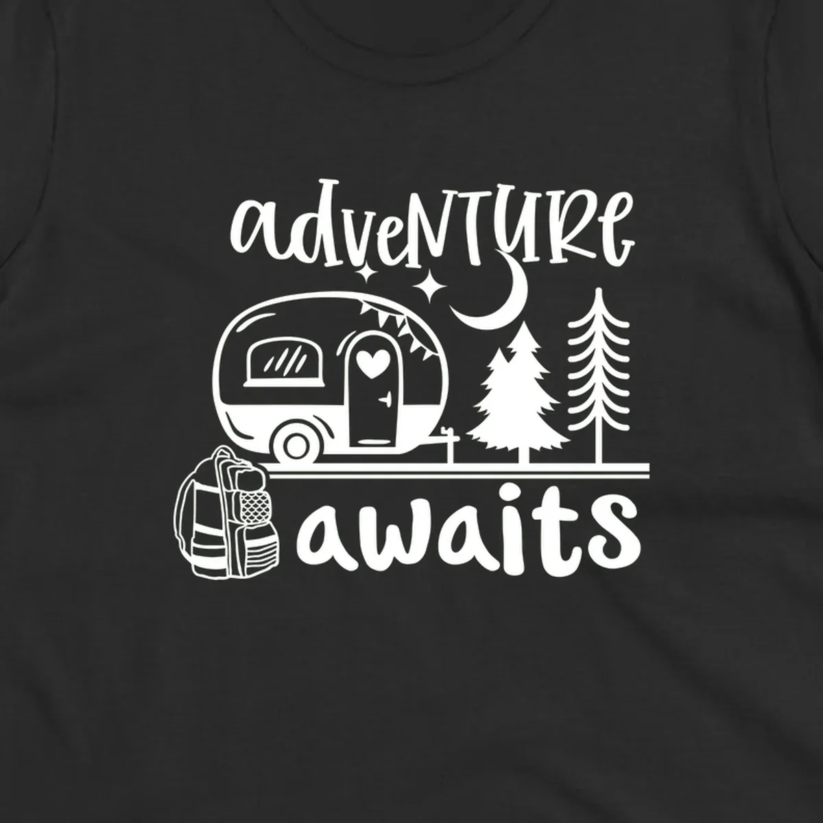 Retro camper trailer with heart-shaped door under moonlight and stars, surrounded by evergreen trees, with 'adventure awaits' text.