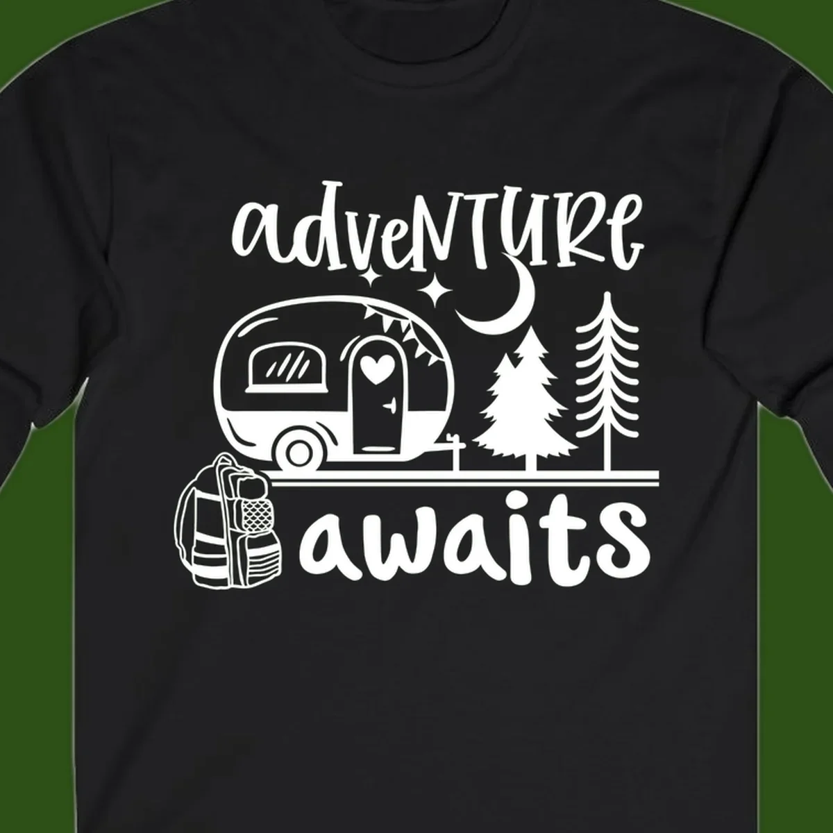 Retro camper trailer with heart-shaped door under moonlight and stars, surrounded by evergreen trees, with 'adventure awaits' text.