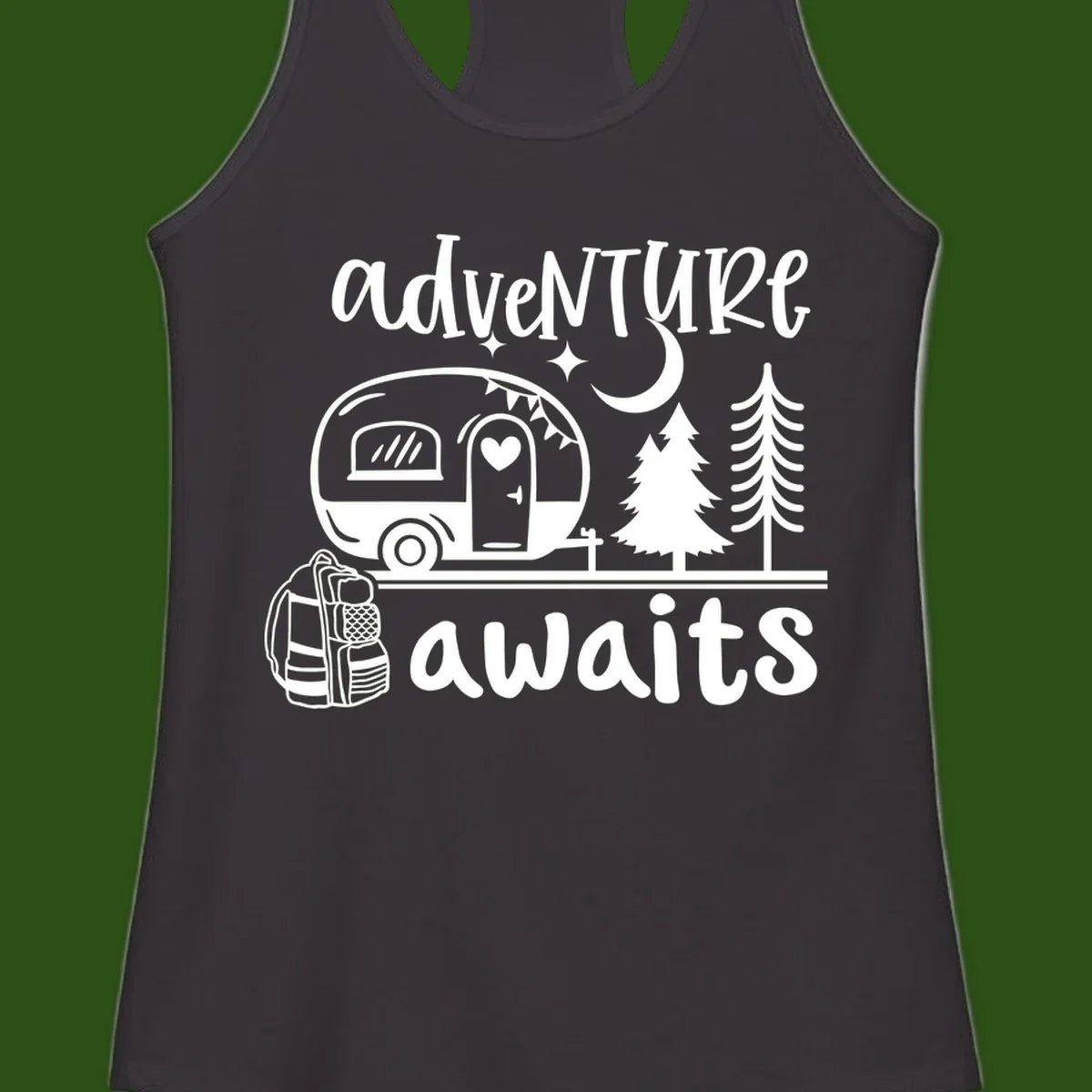 Retro camper trailer with heart-shaped door under moonlight and stars, surrounded by evergreen trees, with 'adventure awaits' text.