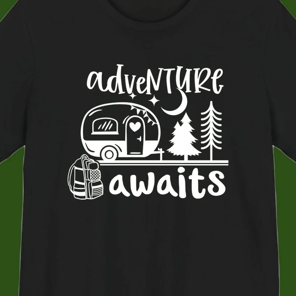 Retro camper trailer with heart-shaped door under moonlight and stars, surrounded by evergreen trees, with 'adventure awaits' text.
