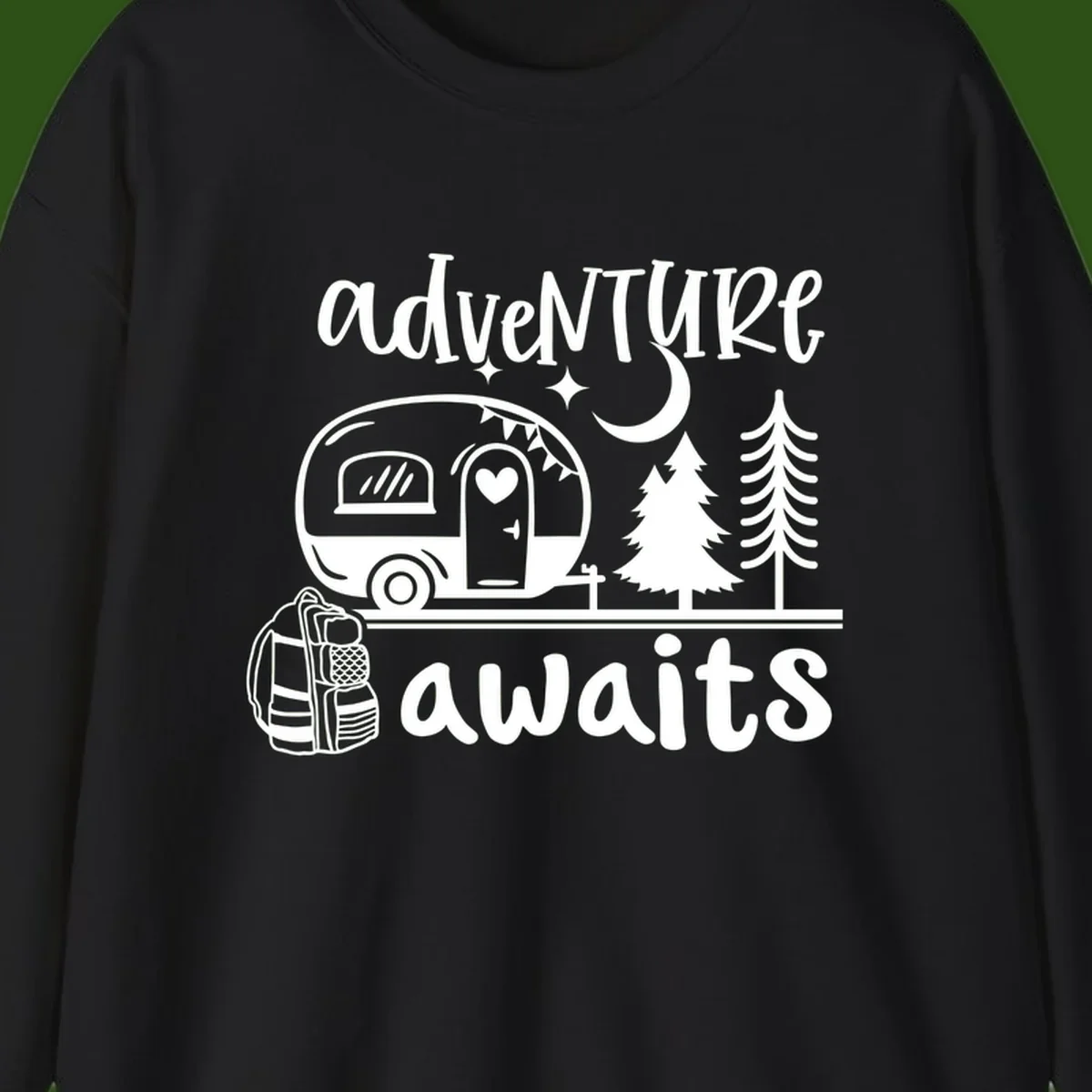 Retro camper trailer with heart-shaped door under moonlight and stars, surrounded by evergreen trees, with 'adventure awaits' text.