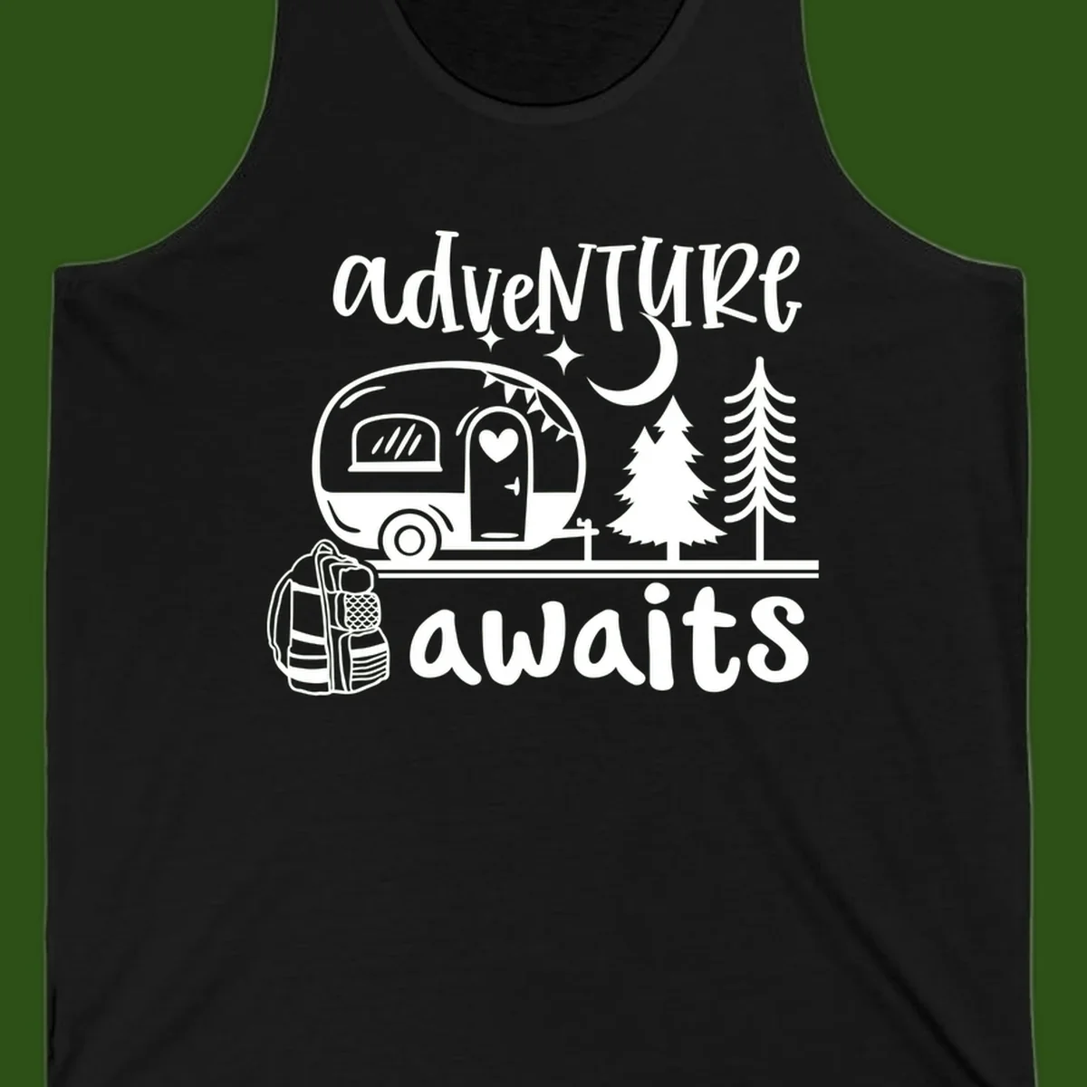 Retro camper trailer with heart-shaped door under moonlight and stars, surrounded by evergreen trees, with 'adventure awaits' text.