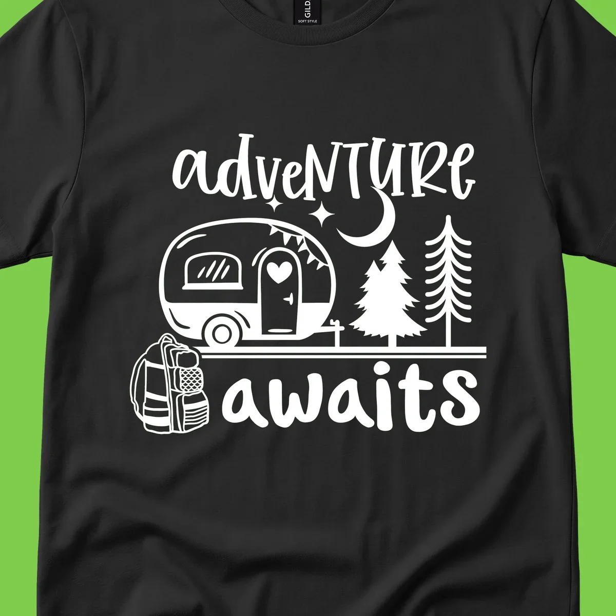Retro camper trailer with heart-shaped door under moonlight and stars, surrounded by evergreen trees, with 'adventure awaits' text.