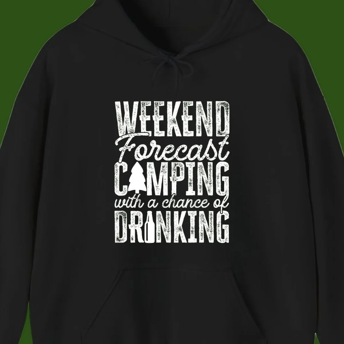Distressed white text on gray reading 'Weekend Forecast: Camping with a chance of Drinking' with pine tree and beer bottle icons