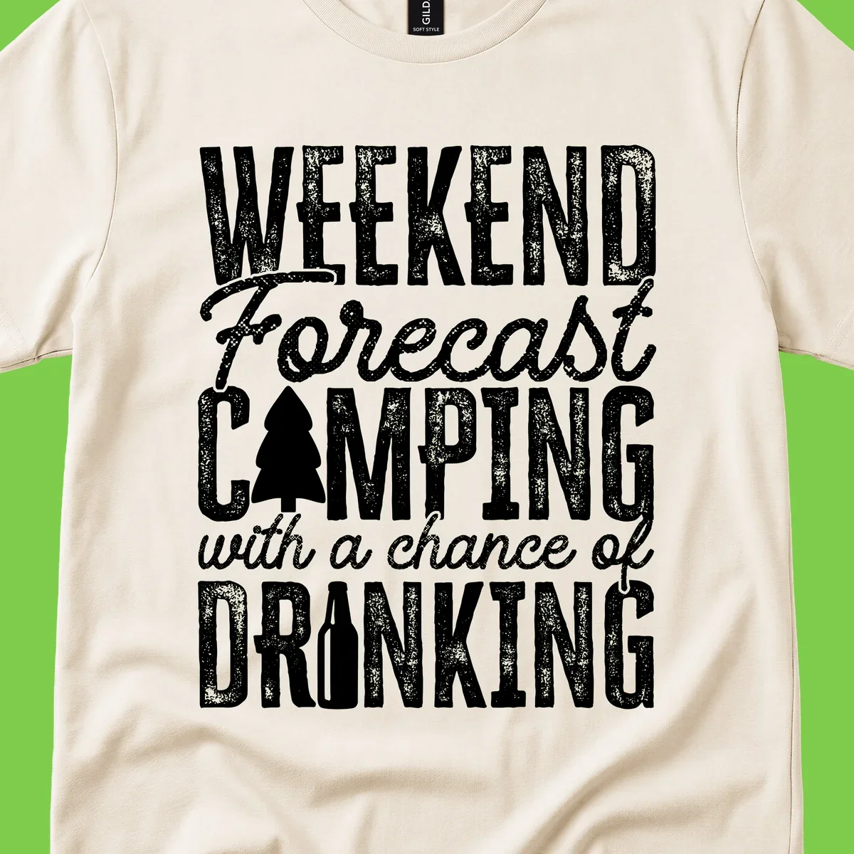 Distressed white text on gray reading 'Weekend Forecast: Camping with a chance of Drinking' with pine tree and beer bottle icons
