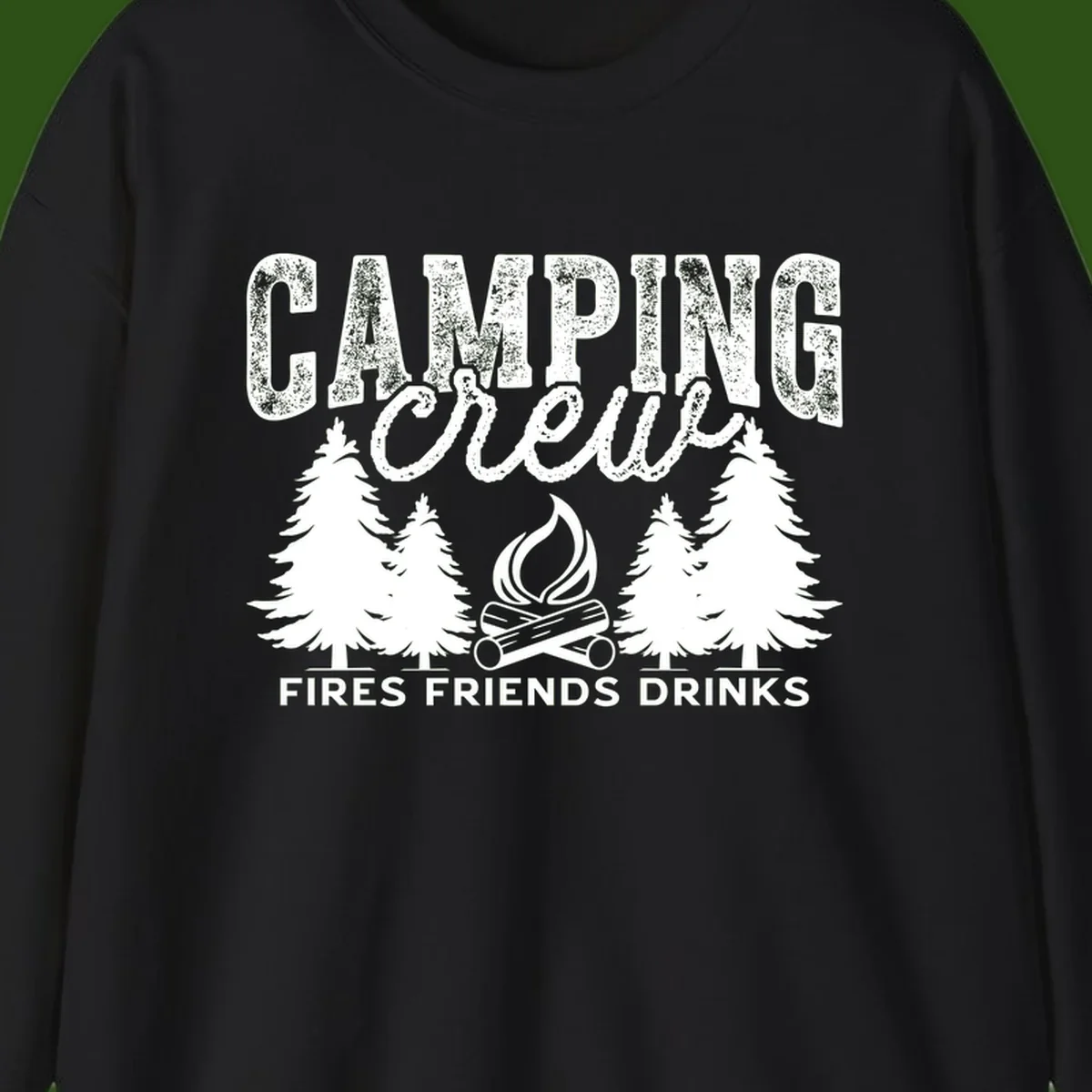 Distressed white design with 'CAMPING' text, campfire, evergreen trees, and 'FIRES FRIENDS DRINKS' script on gray background