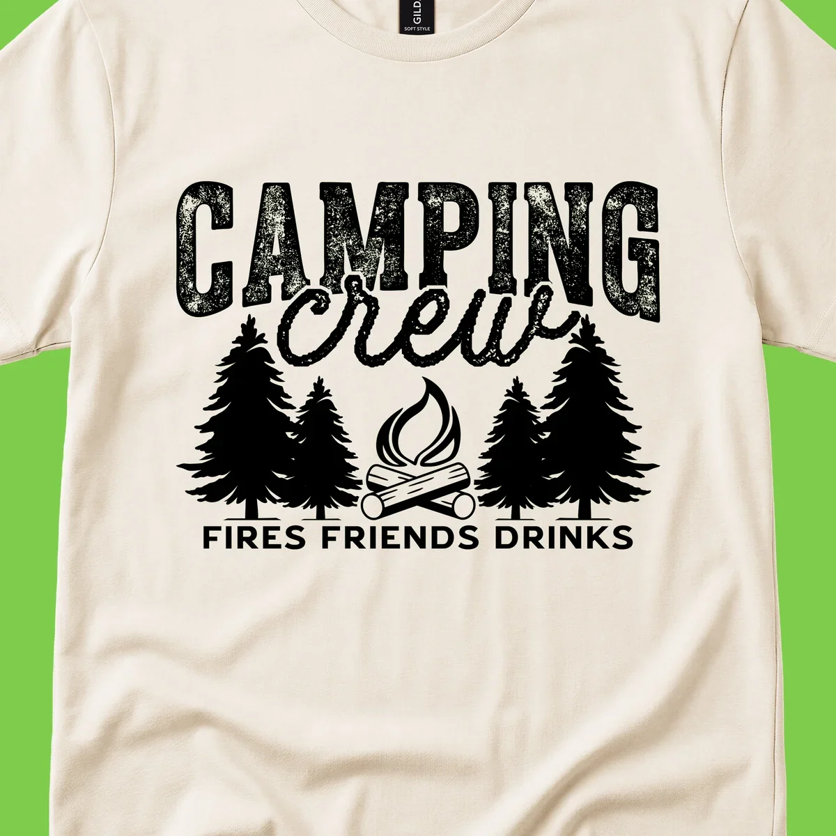 Distressed white design with 'CAMPING' text, campfire, evergreen trees, and 'FIRES FRIENDS DRINKS' script on gray background