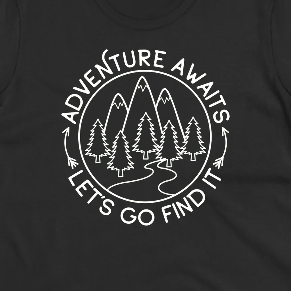 Circular badge with forest scene of evergreen trees and mountains, text reads 'Adventure Awaits Let's Go Find It'